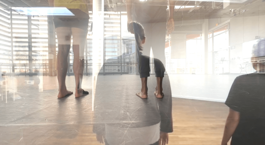 A collaged image of two large dance spaces, with four dancers stand facing away from the camera.