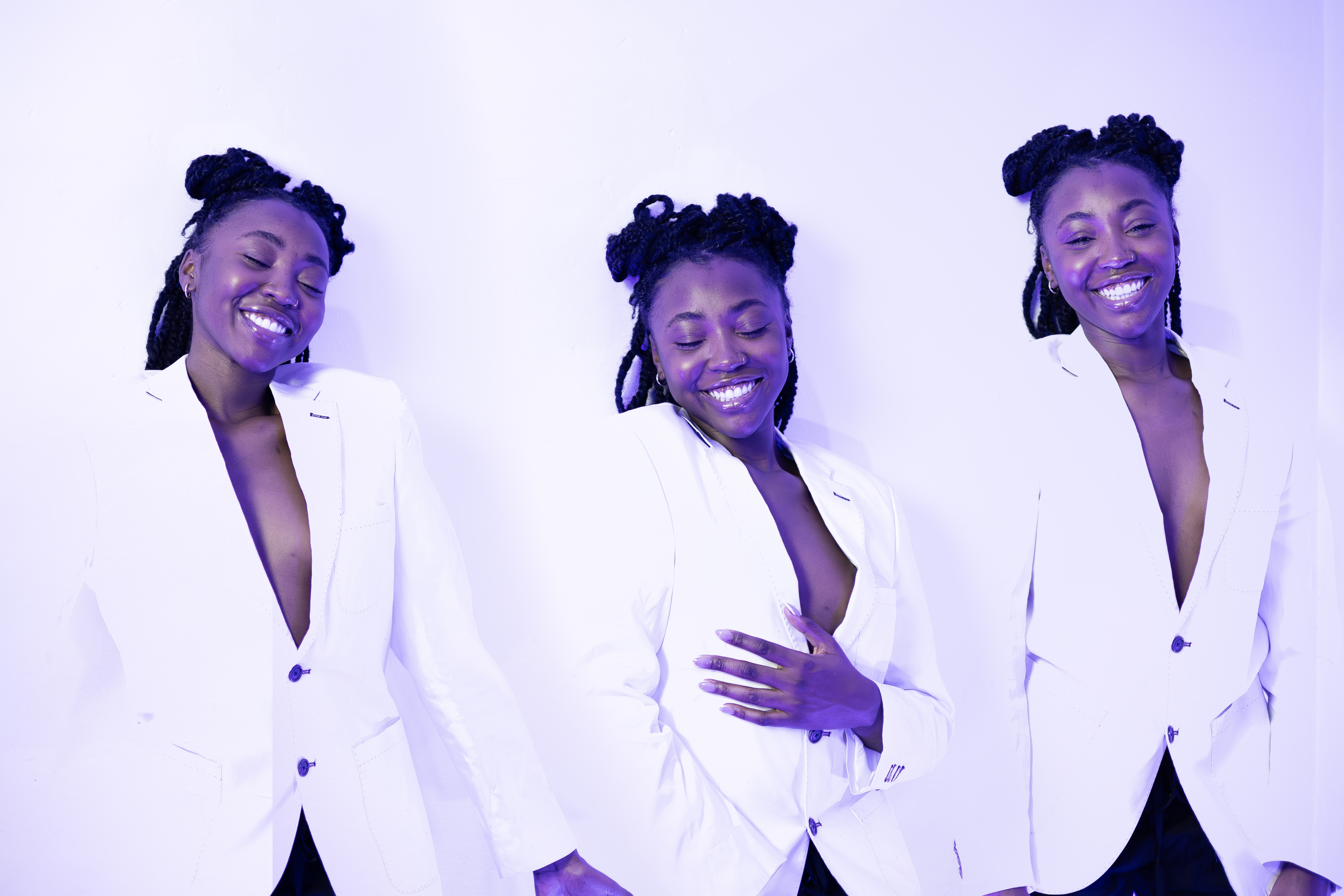 Three versions of a tall, Black woman wearing a white blazer. Her braided hair is in buns and she smiles as she poses different ways.